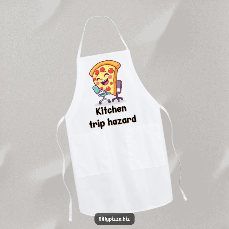 Funny apron showing a smiling pizza slice comically tripping over a miniature office chair, a whimsical kitchen accessory.