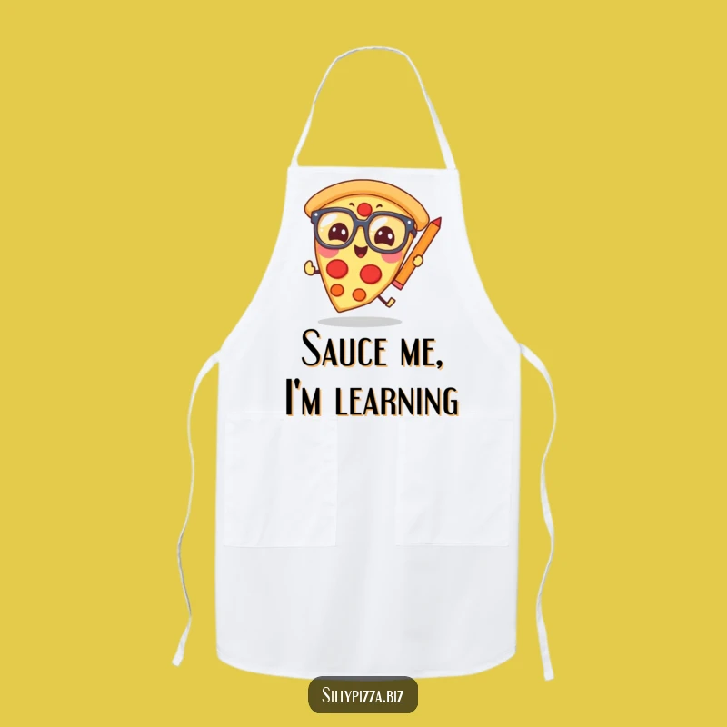 Funny Pizza Scholar Apron: Giggling Glasses Slice Chasing Pencil Kitchenware