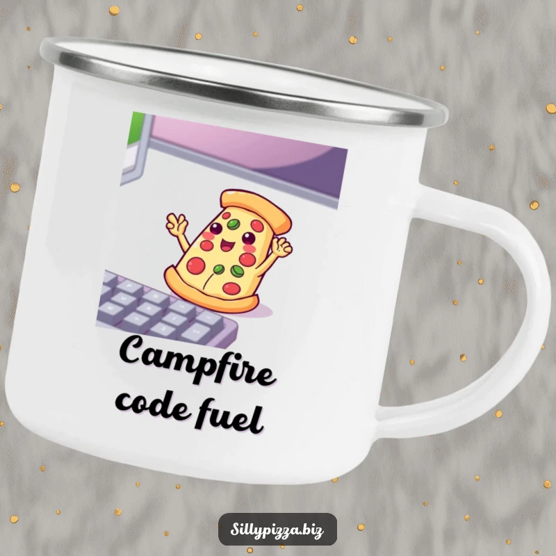 Funny pizza slice with small arms waving enthusiastically at a computer keyboard, on a durable camping mug.