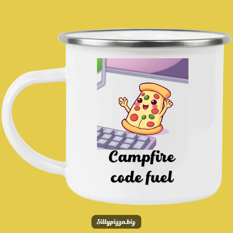 Funny Tech Pizza Camping Mug: Playful Waving Slice Enthusiastic Keyboard Outdoor