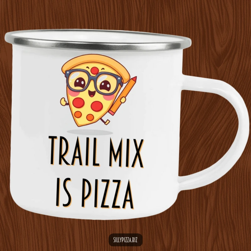 Funny pizza slice wearing oversized glasses, humorously chasing a pencil, on a durable camping mug.