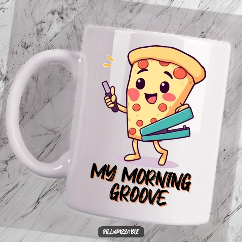 Funny mug featuring a cheesy pizza character doing a silly, energetic dance while holding a stapler.