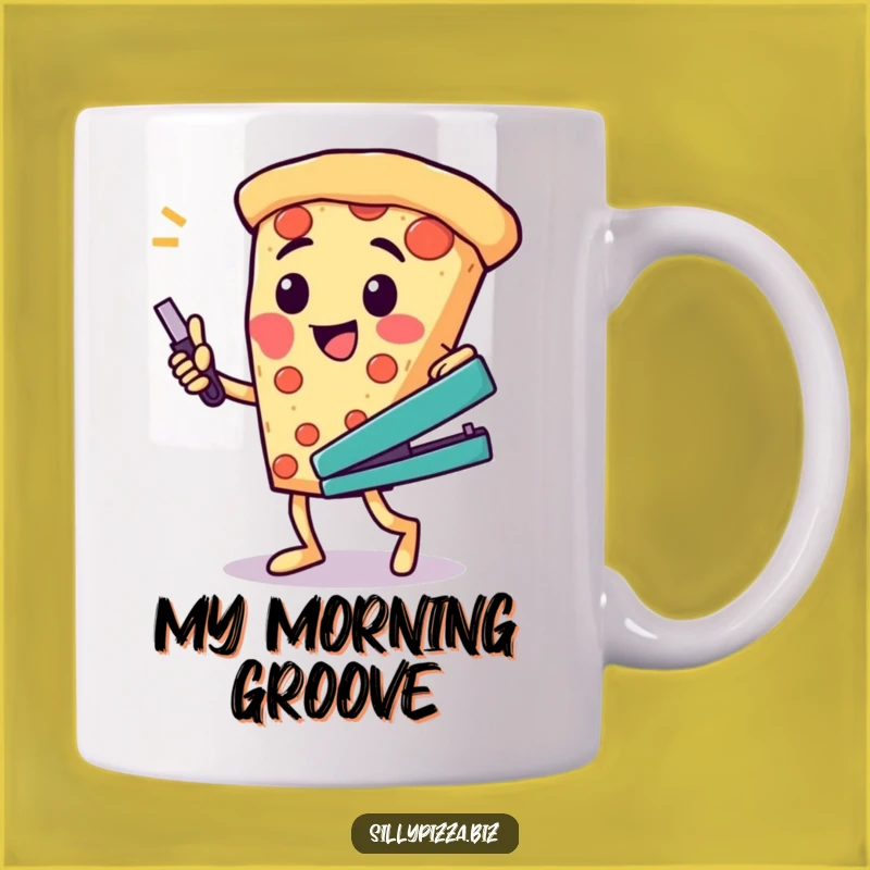 Cheesy Pizza Dance Mug, Funny Office Stapler Coffee Cup Gift Idea