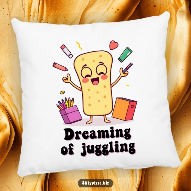 Funny pillow featuring an animated breadstick gleefully juggling colorful office supplies, adding fun to any space.