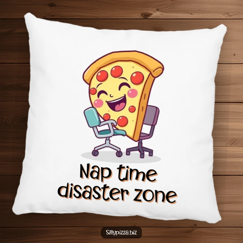 Funny pillow featuring a smiling pizza slice comically tripping over a tiny office chair, adding humor to any room.