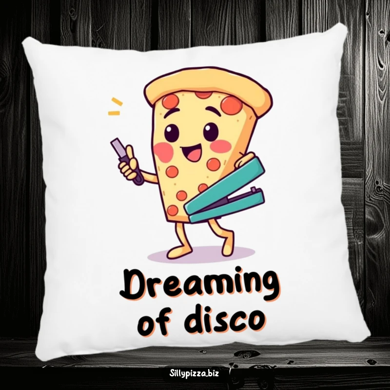 Funny pillow featuring a cheesy pizza character doing a silly dance with a stapler, adding fun to any space.