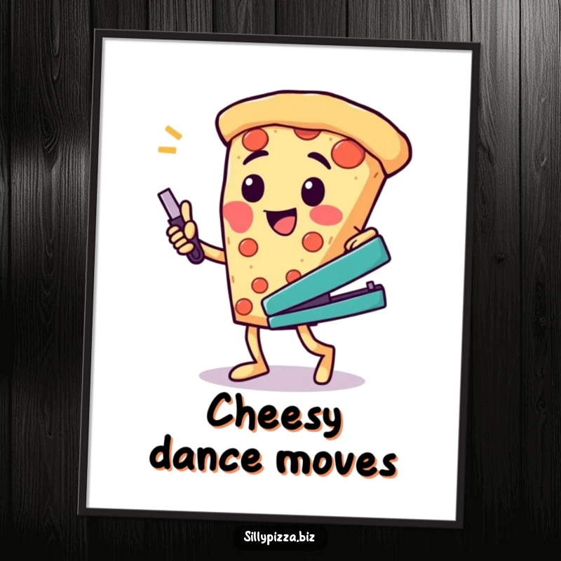 Funny digital art print of a cheesy pizza character doing a silly dance with a stapler, a vibrant scene.