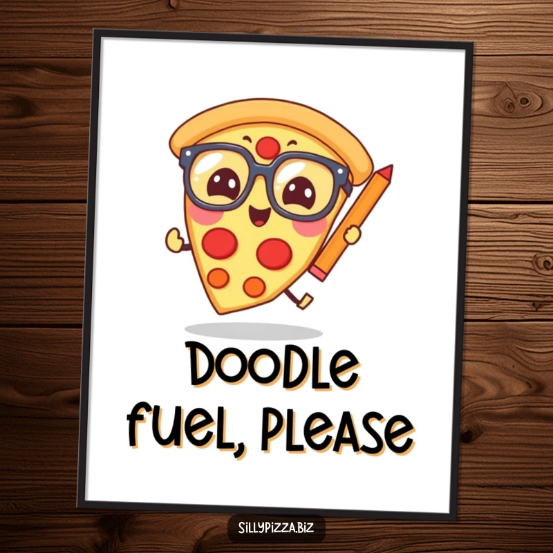Funny pizza slice wearing oversized glasses, humorously chasing a pencil, as a digital art print.