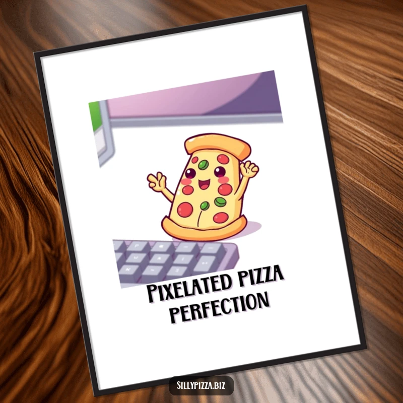 Funny pizza slice with small arms waving enthusiastically at a computer keyboard, as a digital art print.
