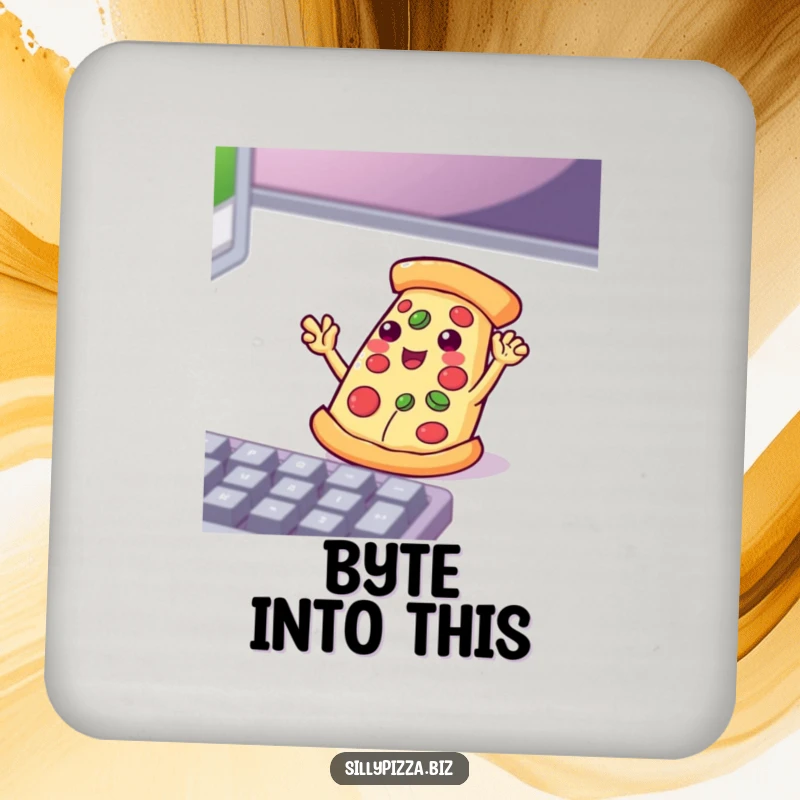 Funny pizza slice with small arms waving enthusiastically at a computer keyboard, featured on a protective drink coaster.