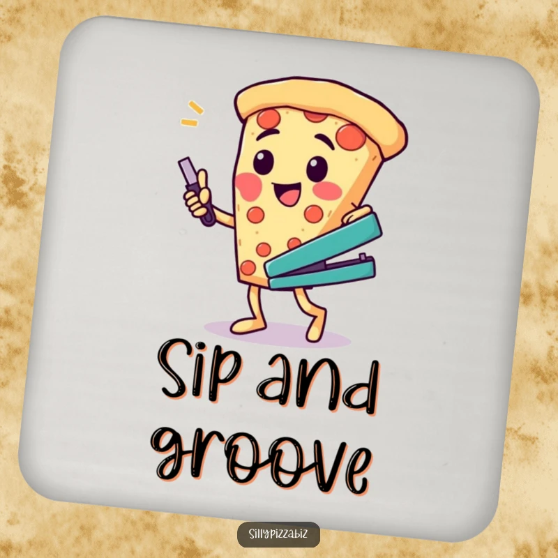 Funny coaster featuring a cheesy pizza character doing a silly dance with a stapler, a small but mighty gag.