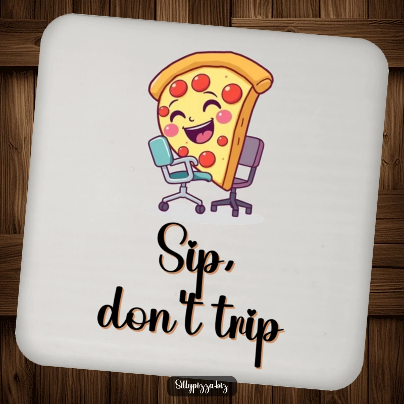 Funny coaster featuring a smiling pizza slice comically tripping over a tiny office chair, a small but mighty gag.