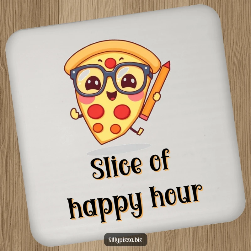Funny pizza slice with glasses, humorously chasing a pencil, featured on a protective drink coaster.