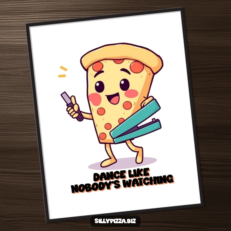 Funny poster artwork of a cheesy pizza character doing a silly dance while holding a stapler, a celebration of fun.