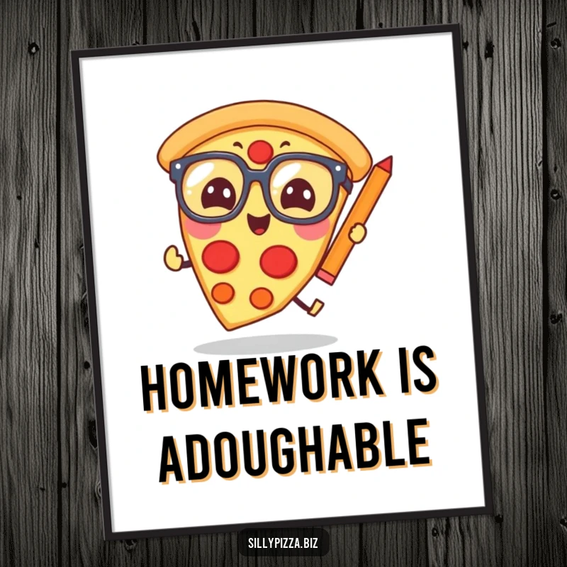 Funny pizza slice wearing oversized glasses, comically chasing a pencil, presented as vibrant wall art.