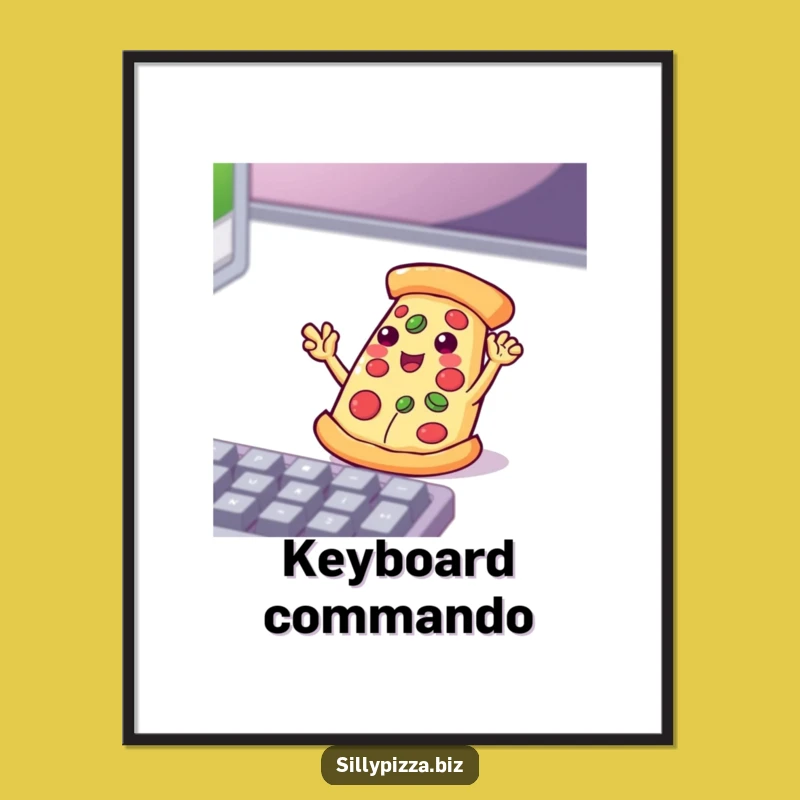 Funny Tech Pizza Poster: Playful Waving Slice Enthusiastic Keyboard Art