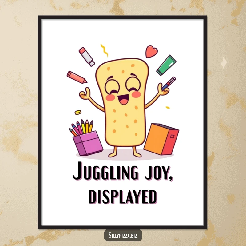 Funny poster artwork of an animated breadstick joyfully juggling colorful office supplies, a celebration of fun.