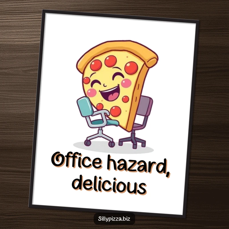 Funny poster artwork of a smiling pizza slice comically tripping over a tiny office chair, a hilarious office scenario.