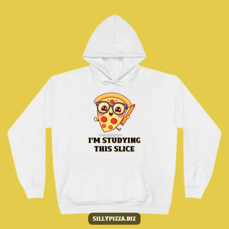 Funny Pizza Scholar Hoodie: Cozy Giggling Glasses Slice Chasing Pencil Sweatshirt