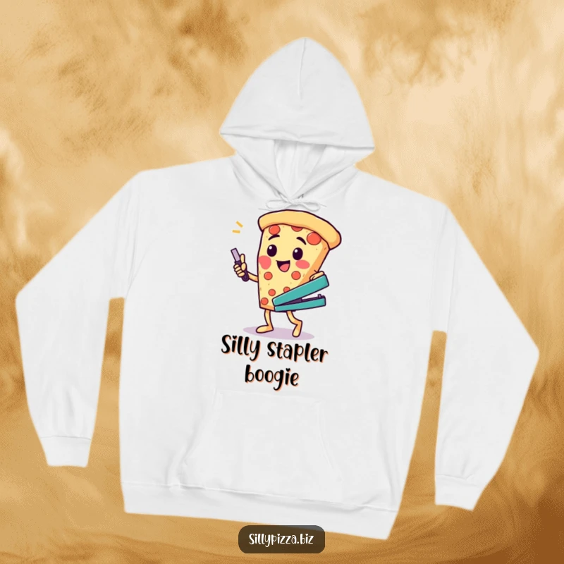 Funny hoodie showcasing a cheesy pizza character doing a silly dance while holding a stapler, perfect for laughs.