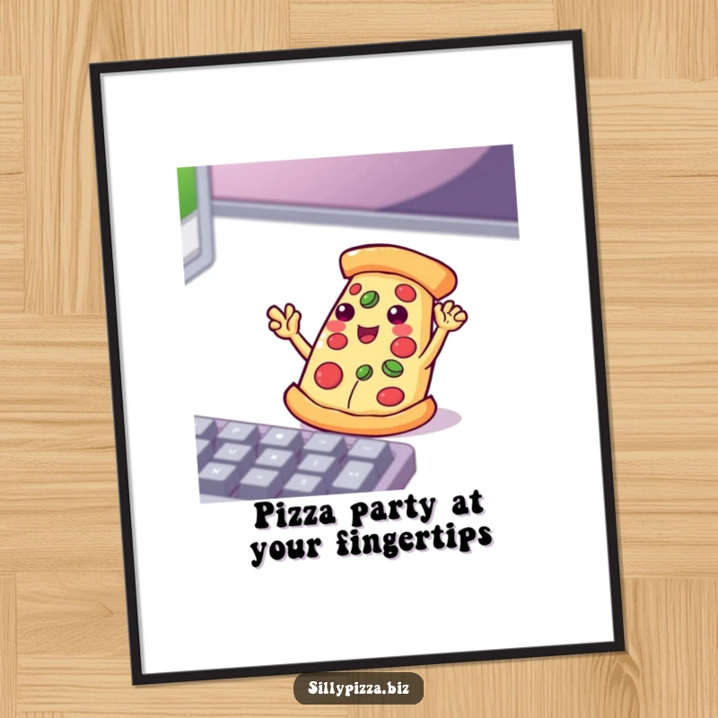 Funny Free Printable Wall Art: A playful pizza with small arms waves enthusiastically at a keyboard, quirky design.