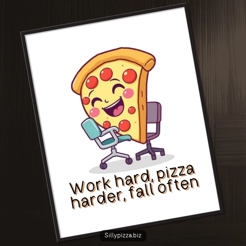Funny Free Printable Wall Art: A smiling pizza slice comically tripping over a tiny office chair, bringing cartoonish office chaos to decor.