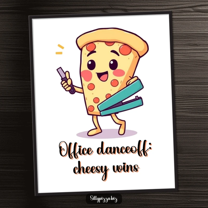 Funny Free Printable Wall Art: Cheesy pizza character doing a silly dance holding a stapler, creating a vibrant and humorous decorative piece.