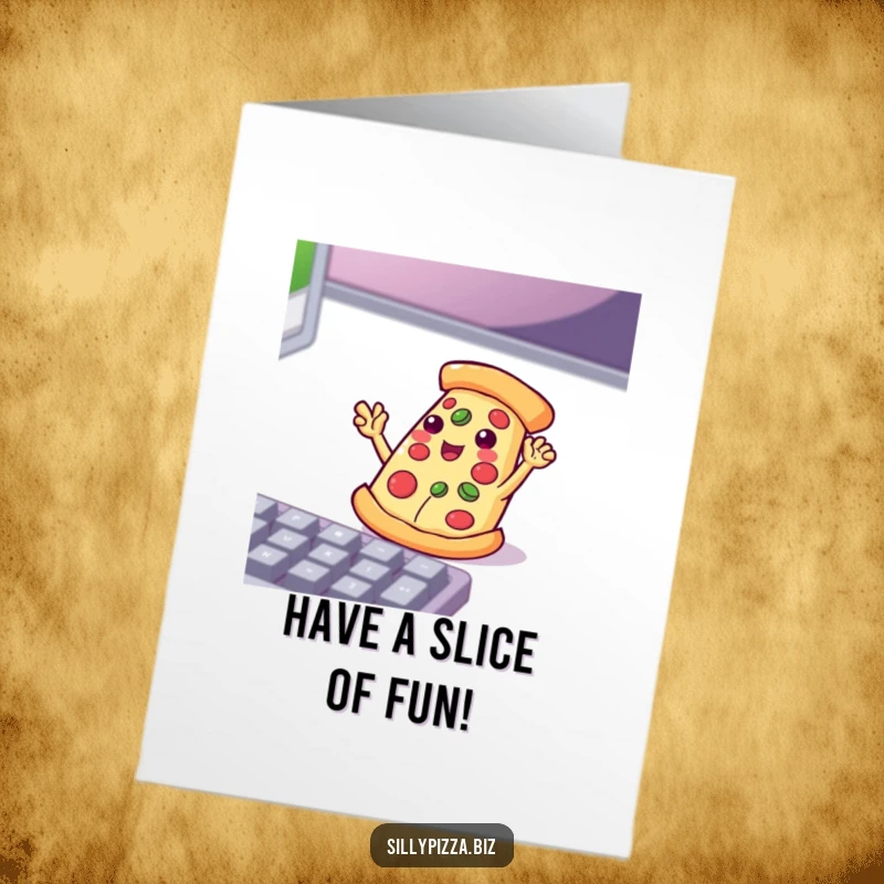 Funny Free Printable Birthday Card: Playful pizza with small arms enthusiastically waves at a keyboard, ready to party.