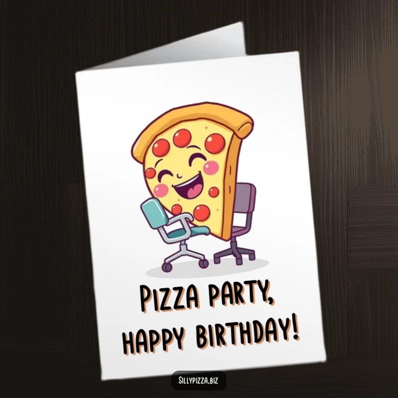 Funny Free Printable Birthday Card: A smiling pizza slice comically tripping over a tiny office chair, bringing cartoon chaos to greetings.