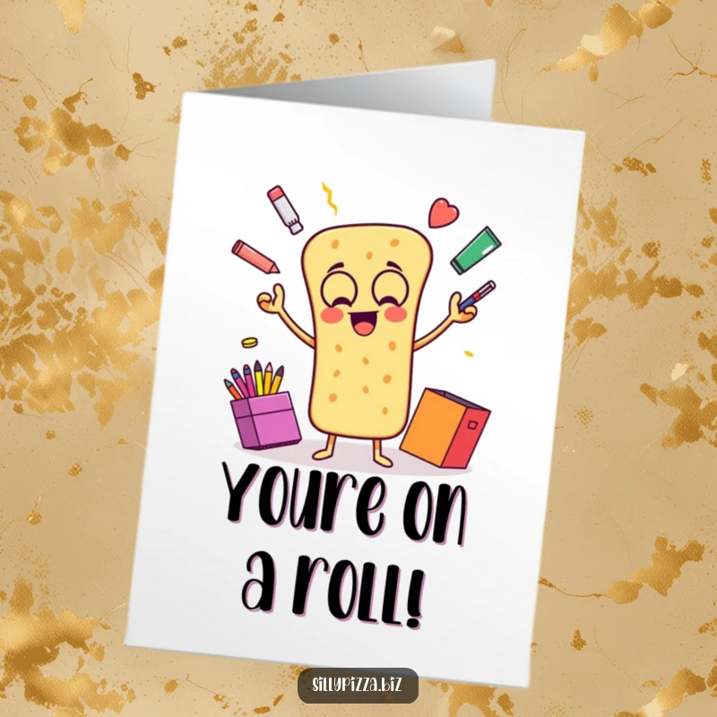 Funny Free Printable Congratulations Card: An animated breadstick gleefully juggling office supplies, celebrating achievements with vibrant energy.