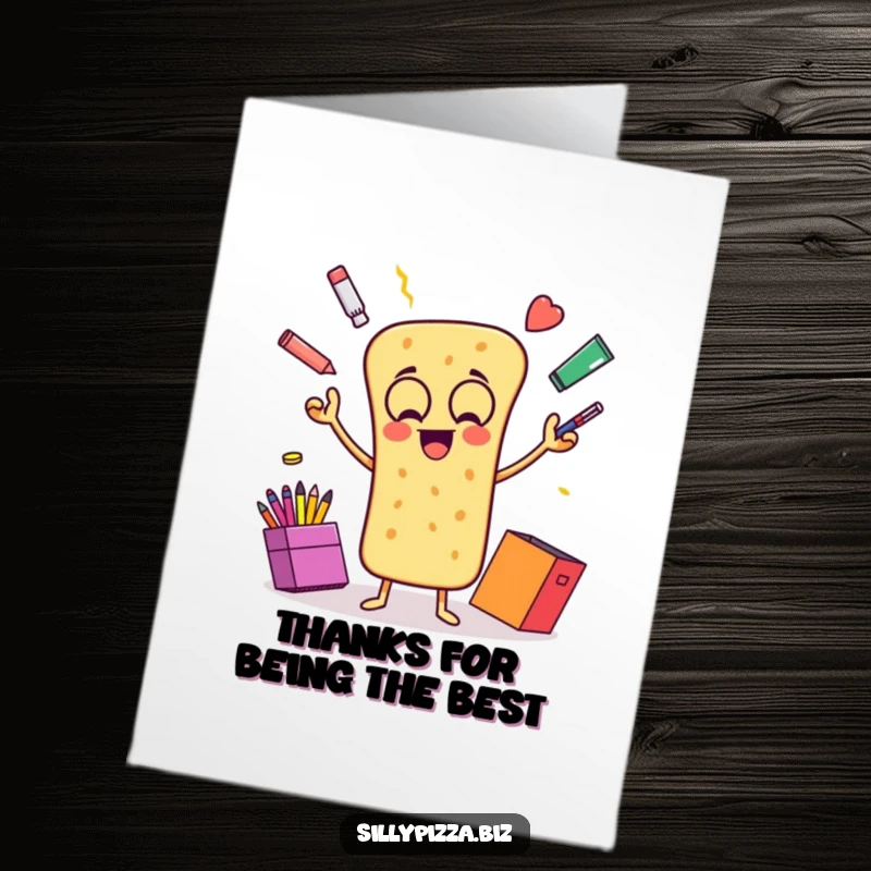 Funny Free Printable Thank You Card: An animated breadstick gleefully juggling office supplies, delivering thanks with playful, creative energy.