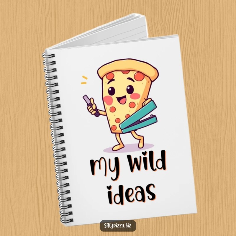 Funny notebook featuring a cheesy pizza character doing a silly dance with a stapler, perfect for creative minds.