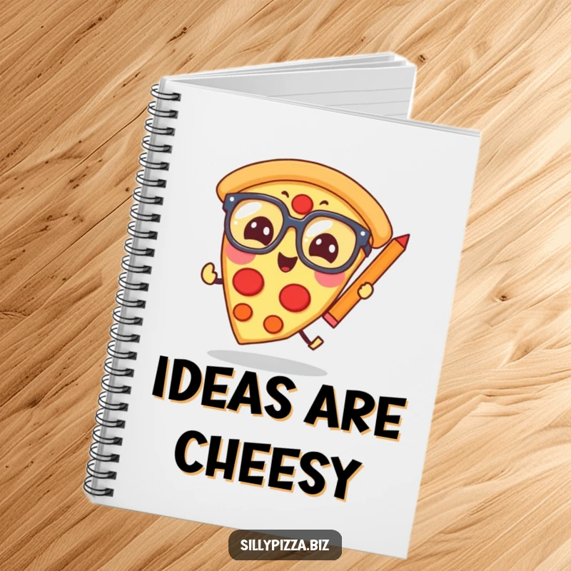 Funny pizza slice with glasses, humorously chasing a pencil, on the cover of a spiral-bound notebook.