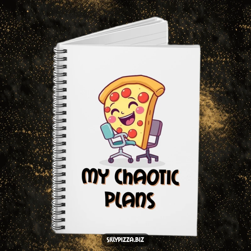 Funny notebook featuring a smiling pizza slice comically tripping over a tiny office chair, perfect for jotting down ideas.