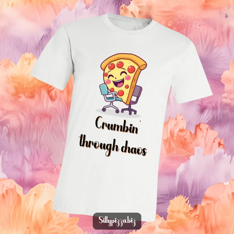 Funny t-shirt depicting a smiling pizza slice hilariously tripping over a tiny office chair, embodying office chaos.
