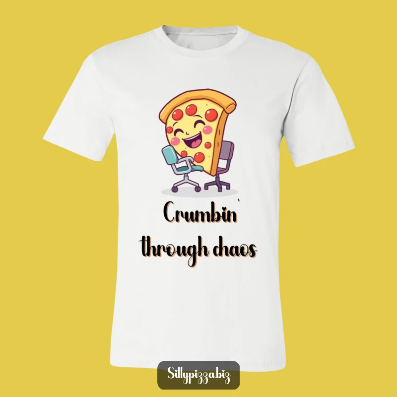 Hilarious Pizza Slice Tripping T-Shirt, Funny Office Cartoon Graphic Tee