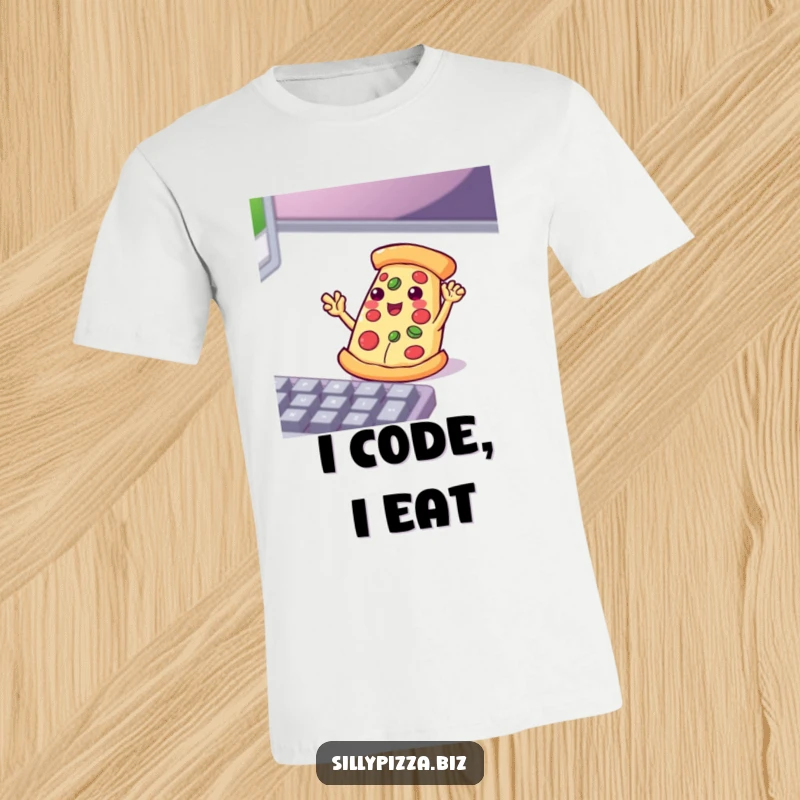 Funny pizza slice energetically waving small arms at a computer keyboard, featured on this humorous tech t-shirt.