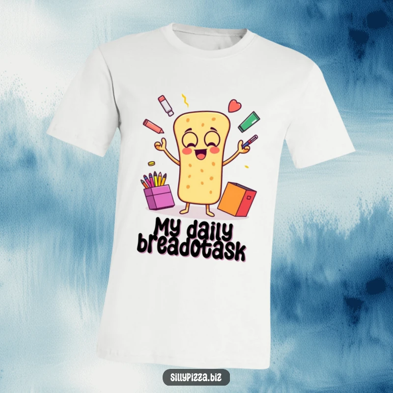 Funny t-shirt featuring an animated breadstick joyfully juggling a variety of colorful office supplies with enthusiasm.