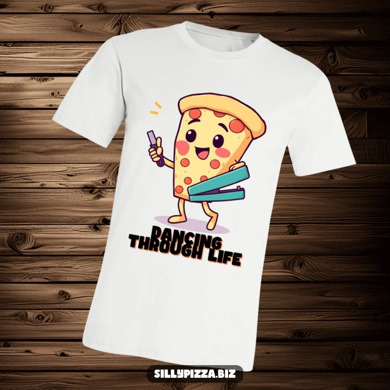 Funny t-shirt depicting a cheesy pizza character performing a silly dance with a stapler, embodying office party vibes.