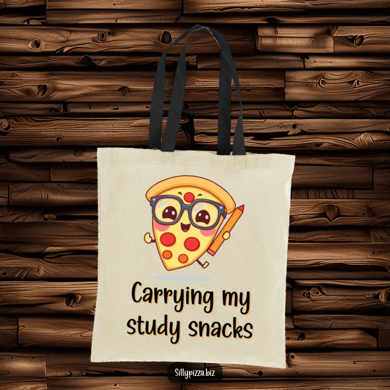 Funny pizza slice with glasses, comically chasing a pencil, printed on a durable tote bag for everyday use.