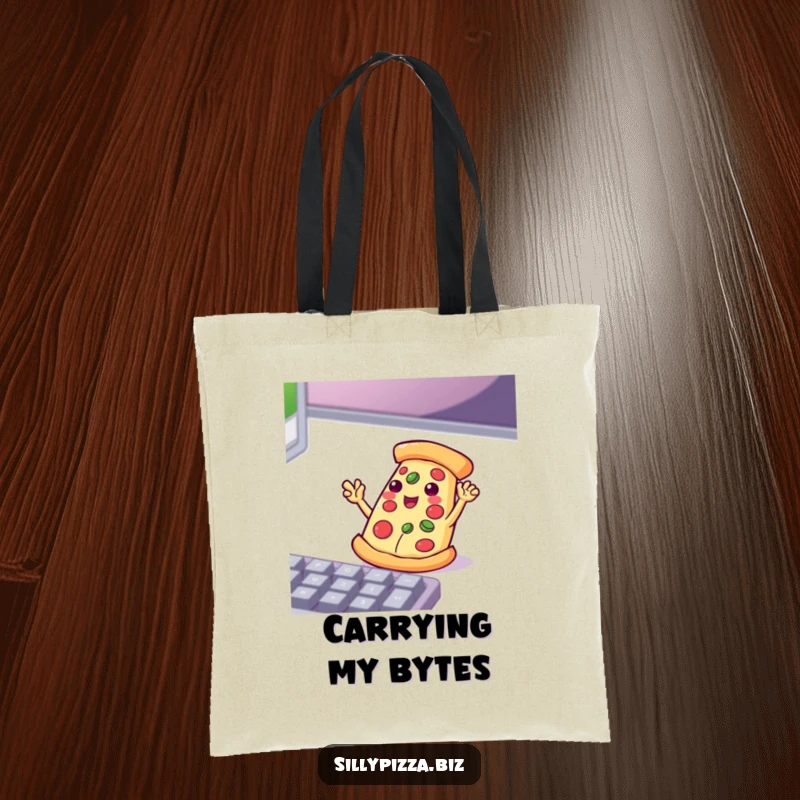 Funny pizza slice with small arms waving enthusiastically at a computer keyboard, depicted on a durable tote bag.